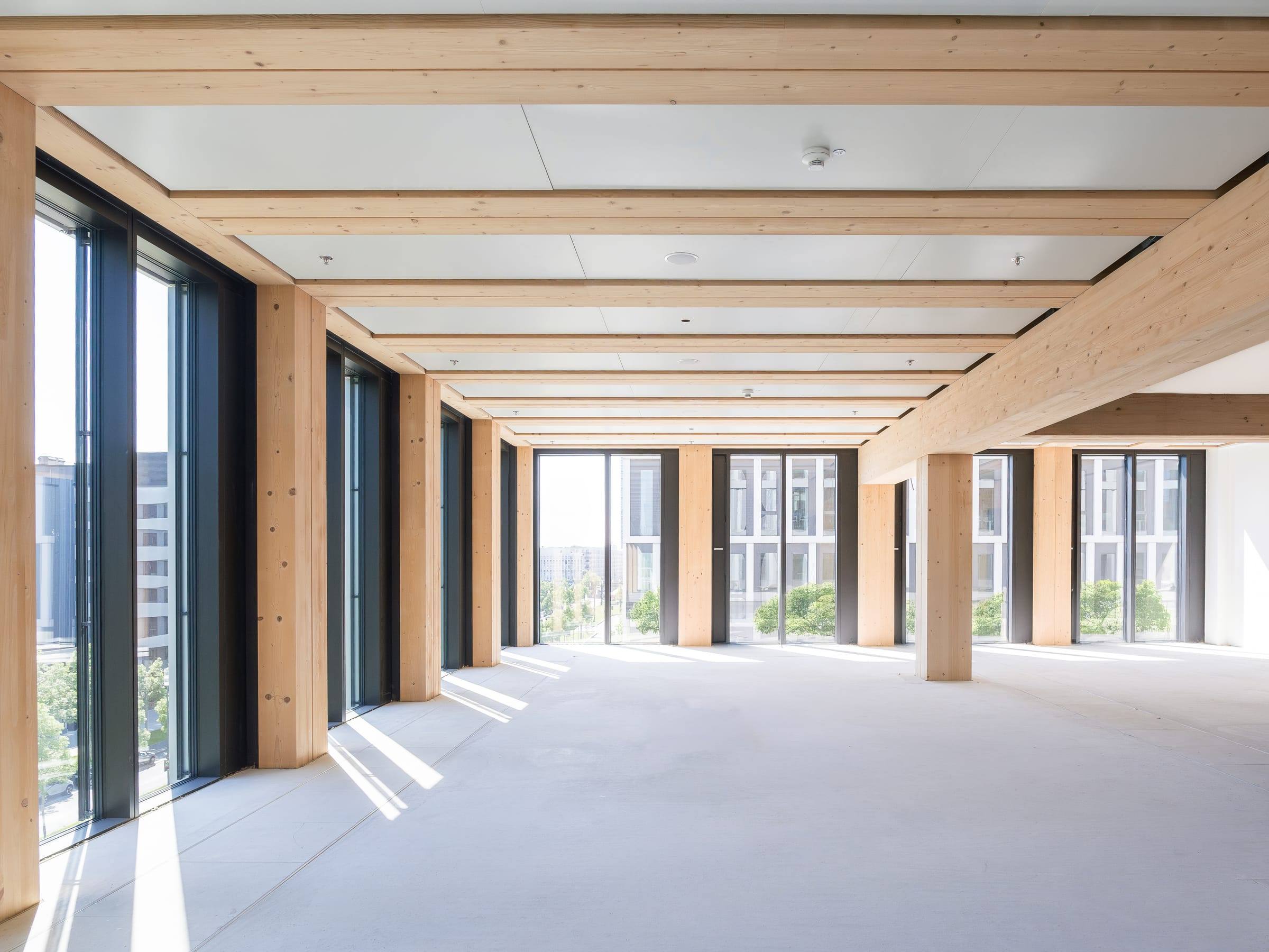 Innenraum eines modernen Bürogebäudes mit Holz-Beton-Verbunddecke und Holzstützen